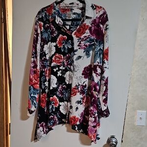 Floral Long Sleeve Blouse - Black, White, Red